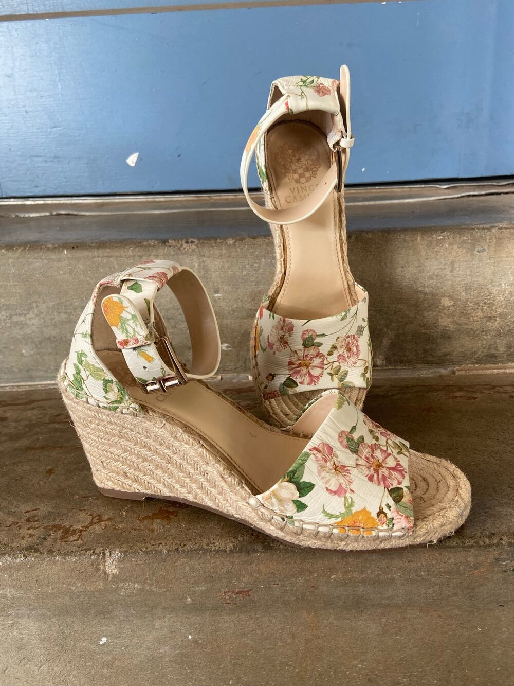 Vince Camuto Leera floral printed leather espadrille wedge sandal w/ ankle strap